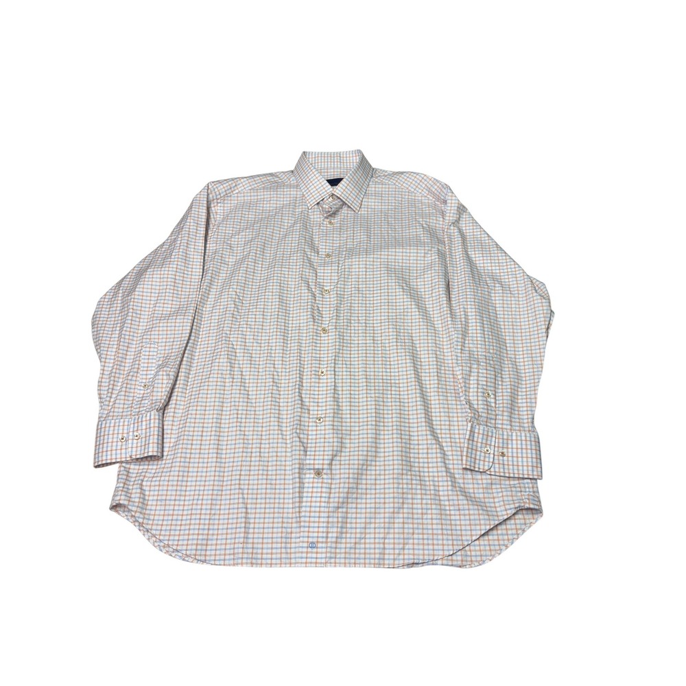 David Donahue Mens 18 34/35 Blue Orange Plaid Cotton Button Down Dress Shirt
